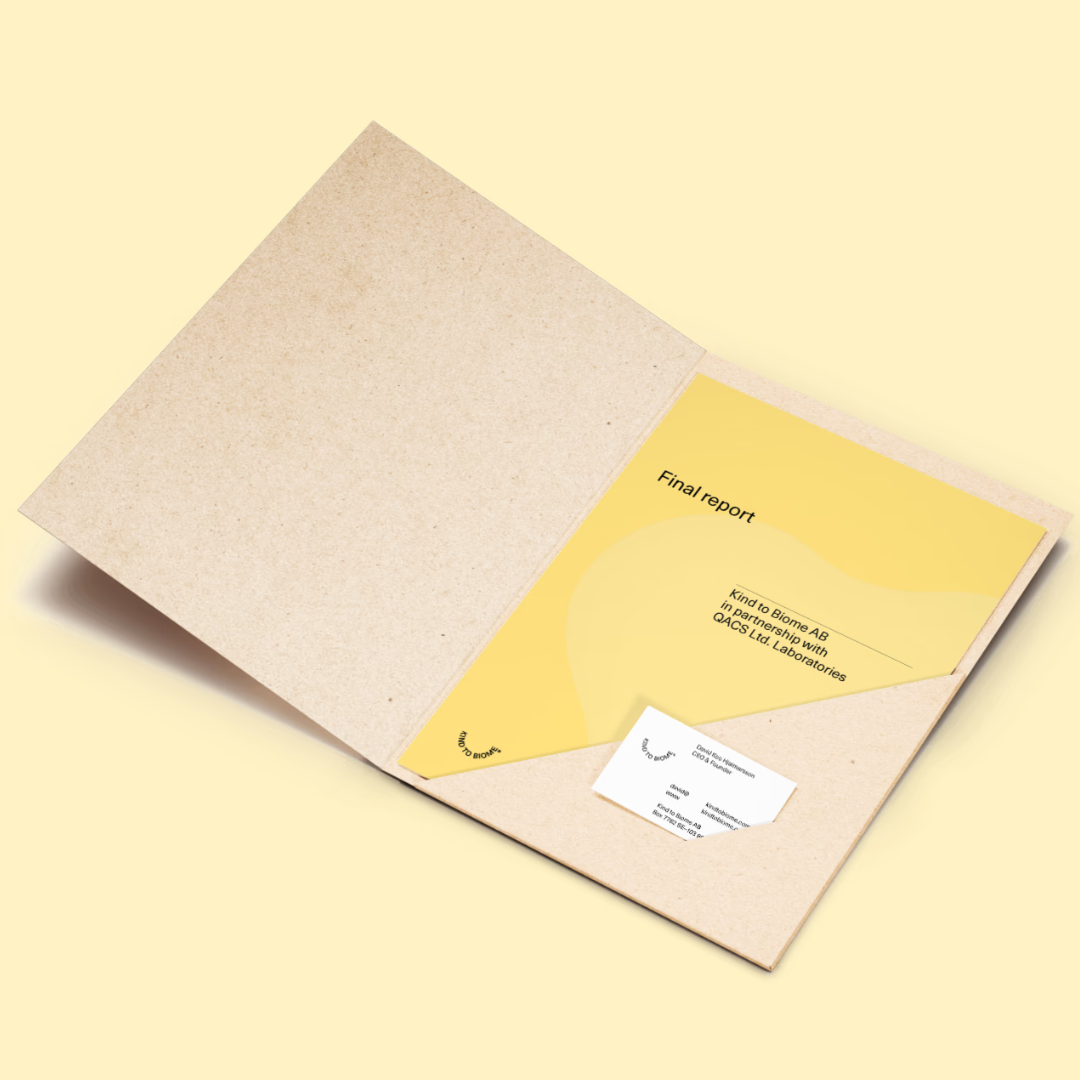 KIND TO BIOME final certification report folder with QACS Laboratories partnership
